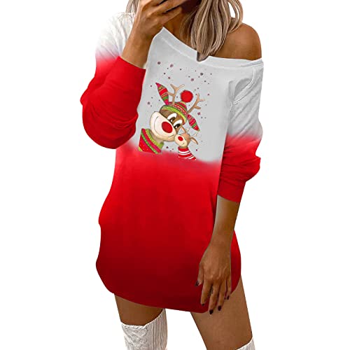 boseucn Weihnachtskleid Damen Lustig, Damen Vintage Elegant Langarm Minikleid Rentier Xmas Lustig Weihnachtskleider Party Cocktail Kurz Kleid Festlich...