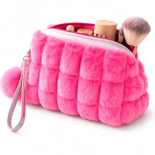 Estojo Necessaire Feminino Pelúcia Pompom Alça Escola Viagem