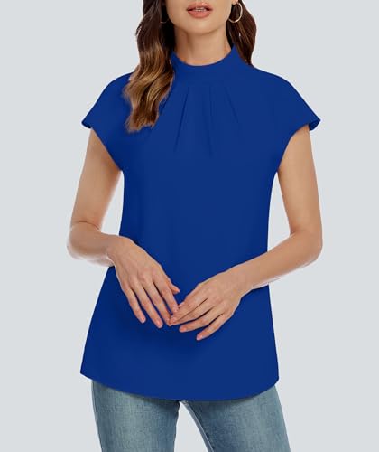 Image of Funlingo Womens Summer Tops Mock Neck Short Cap Sleeve Blouses Business Casual Work Chiffon Shirts Front Pleated Tunic Top