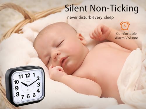 Image of Tinload 5.5 inch Large No Ticking Analog Alarm Clock,Silent Readable for Seniors,Easy to Set,Gradual Rise Alarm,Big Numbers,Gentle Wake,Snooze, Lighted on Demand,Battery Operated,Black