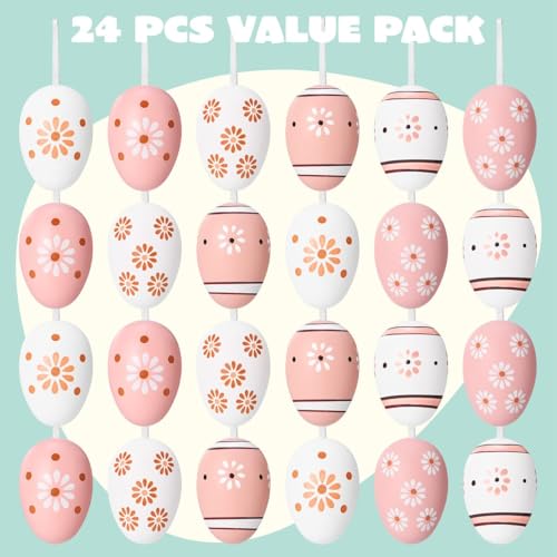 JOYIN 24 Stück Ostereier zum Aufhängen aus Kunststoff mit Band, 6 cm große, bedruckte braune und weiße Ostereier aus Holz für Osterdekorationen zu Hause, Frühlingsdekorationen, Osterbaumkorb-Ornamente