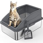 FURTIME Stainless Steel Cat Litter Tray Grey with Detachable Enclosure, 26cm High Sided Cat Litter Box Anti-Spillage and 58cm Extra Large Litter Tray for All Cats, with Litter Scoop, 58x37x26cm