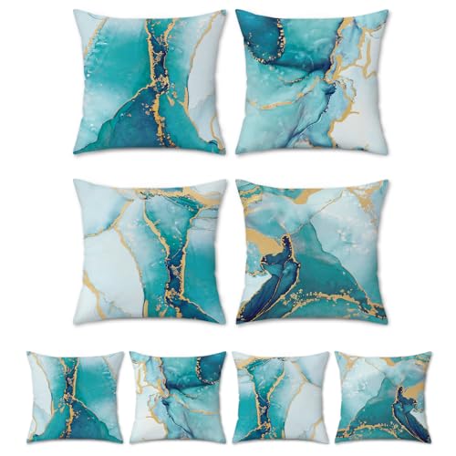 Bonhause Turquoise Marble Throw Pillow Covers 16x16 Inch Set of 4 Two-Sided Teal Gold Abstract Art Modern Decorative Pillows Case Soft Velvet Outdoor Cushion Covers for Couch Sofa Bed Home Decor