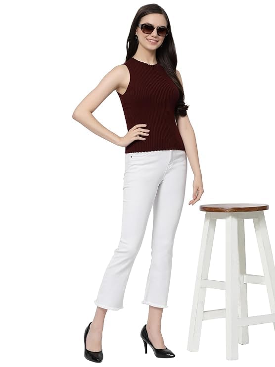 Image of Kalt Womens Knitted, Ribbed Cotton Fitted Sleeveless Round Neck Cami Tank Top