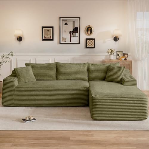 Image of 95 inch L Shaped Cloud Boneless Sectional Couches for Living Room, Modern Comfy Modular Deep Seat Memory Foam Compressed Corduroy Sofa Oversized Right Facing Chaise, No Assembly Required, Green