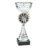 Dart Pokal mit Gravur 26 cm groß - Trophäe mit Dartpfeil als Emblem und Gravurschild in Gold