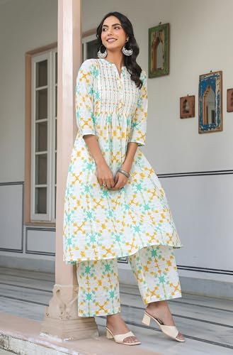 Image of Janasya White Pure Cotton Kurta & Pant Set for Women Abstract Print Ethnic Wear