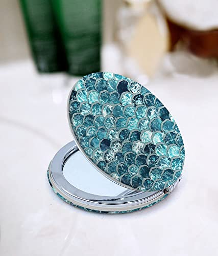 Wirester Round Foldable Pu Leather Compact Pocket Purse Makeup Mirror, Dual Sided Travel Mirror With 2X 1X Magnification - Mermaid Scales Blue Wave #TOP4