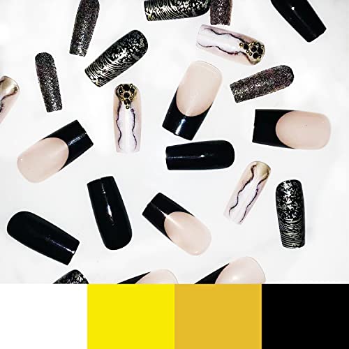 Black Fake Nails French Tip Press On Nails Medium False Nails With Glitter Designs Marble Stick On Nails Coffin Shape Acrylic Nails Full Cover Glossy Glue On Nails For Women Girls Manicure, 24Pcs #TOP1