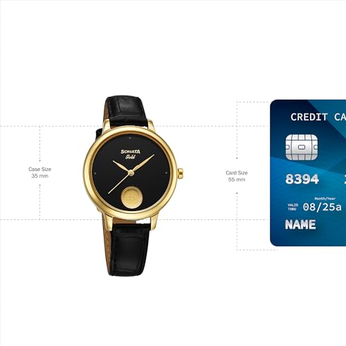 Image of Sonata Gold Quartz Analog Black Dial Leather Strap Watch for Women