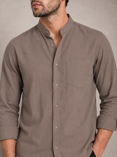 Image of Veirdo Men's Stylish Solid Casual Shirt | Chinese Collar Pure Cotton | Available in Black, Brown, Rust, Olive, White & Navy | Sizes S to XXL