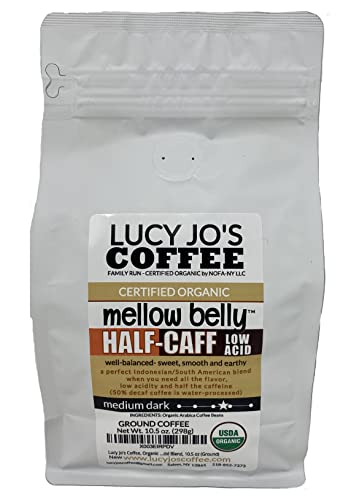 Lucy Jo's Coffee, Organic Mellow Belly Half-Caff Low Acid Blend, Medium Dark, 10.5 oz (Ground)