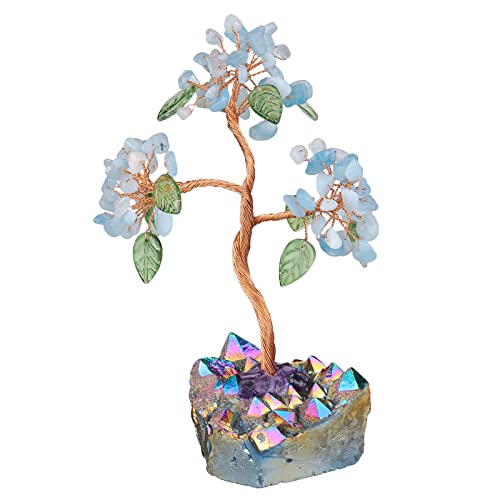 Nupuyai Aquamarine Crystal Money Tree with Rainbow Titanium Crystal Base