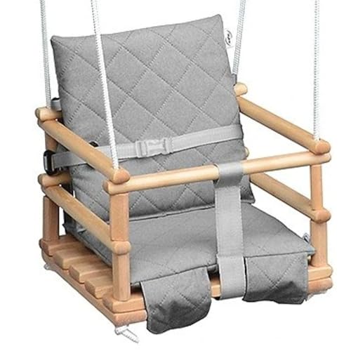 Holz Babyschaukel Kinderschaukel Holz Babywippe Zimmerschaukel Indoor Baby Schaukel Stoff Babysitz Baby Schaukel zum Aufhängen 4 in 1 Sicherheitsgurt Indoor Outdoor (Natürliche&Hellgrau)