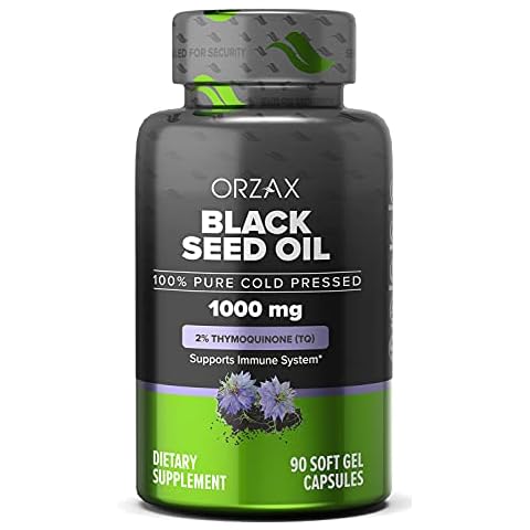 ORZAX Black Seed Oil Capsule, 1000 Mg High Strength, 2% Thymoquinone, Non-GMO, Gluten Free, Cold Pressed Black Seed Oil, Nigella Sativa Supports Immune System, Joints, Hair Growth, Skin - 90 Softgel Cover