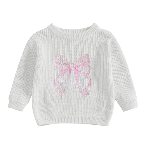 Toddler Baby Girl Knit Sweater One Year Old Sweatshirt Bow Embroidery Long Sleeve Pullover First Birthday Outfit (White, 12-18 Months)