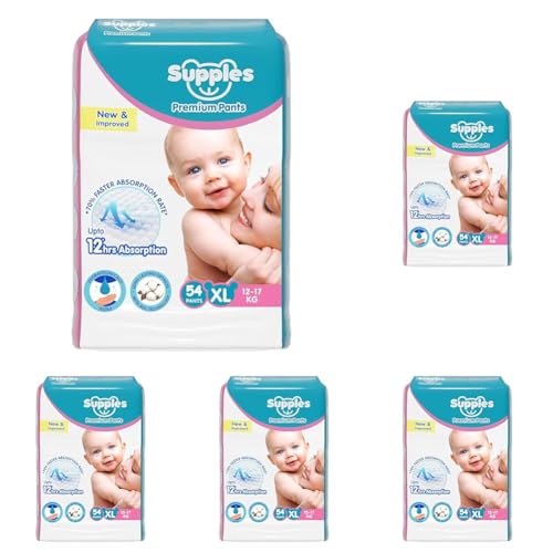 Image of Amazon Brand - Supples Premium Baby Diaper Pants | 54 Baby Diapers | XL | 12-17 Kg | 12 Hrs Absorption | Cushiony Cotton Soft Fabric | Phthalates-Free | Triple Leak Guard (Pack of 5)
