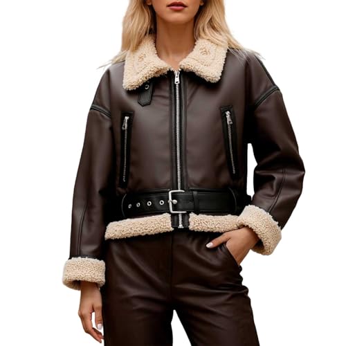 Generisch Chaqueta de mujer con cuello de forro sintético, doble cara, portátil, corta, informal, cálida chaqueta de invierno como ropa cotidiana para máxima comodidad, marrón, M