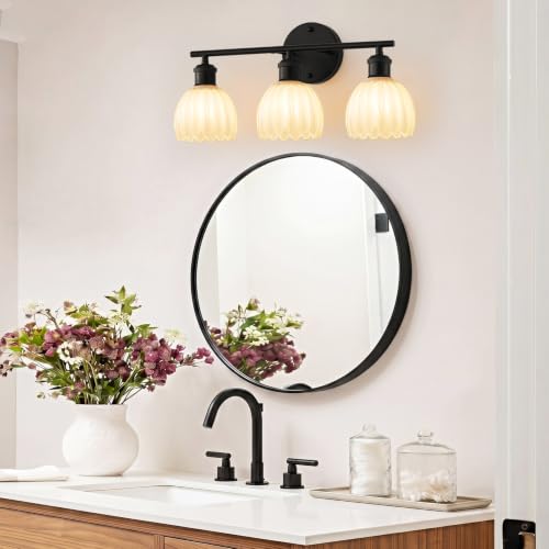 Image of Bathroom Light Fixtures, 3-Light Brushed Black Vanity Lights for Bathroom with White Tulip Glass Shade, 20 inch Vintage Bathroom Vanity Lighting Fixtures Over Mirror for Bedroom Living Room Hallway