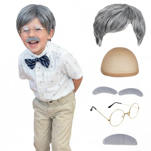 SEGOHAIR Grandpa Wig Costume Set 5 Pcs with Grey Short Hair Glasses Beard & Eyebrows for Halloween Old Man Cosplay