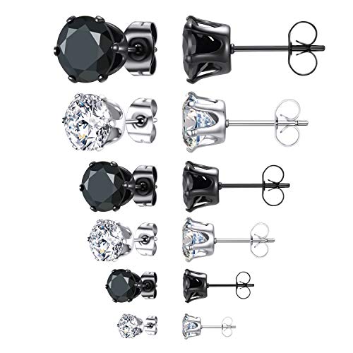 Lateefah 6 Pairs Stainless Steel Earrings Studs Hypoallergenic Piercing Cubic Zirconia Stud Earring for Women & Girls