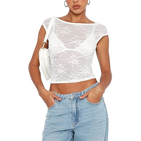 Women Y2K Backless Lace Crop Top Sheer See Through Sexy Going Out Tops White M Cover