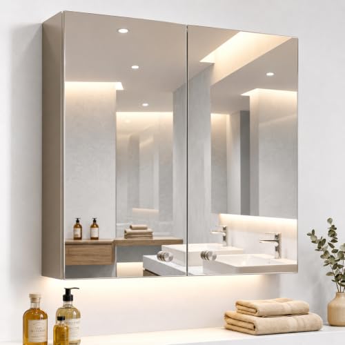 Image of Dropin (18x18 Inch, Chrome Finish 304 Stainless Steel Bathroom Mirror Cabinet, Heavy-Duty Storage Cabinet /Wall Mounted Mirror Bathroom Cabinet Separate Compartments for Storage
