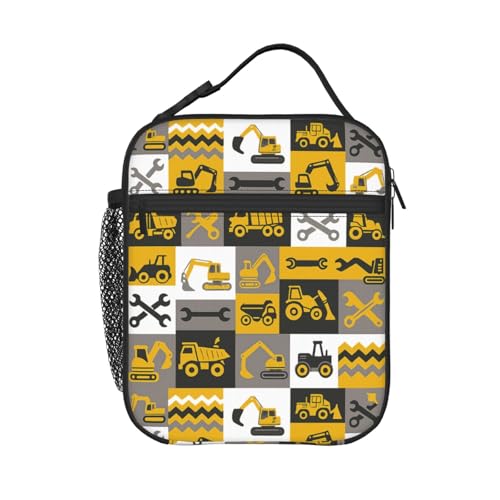 PrelerDIY Construction Site Cars Lunch Box - Insulated Lunch Bags for Boys/Girls/Women/Men Detachable Handle Lunchbox Meal Tote Bag