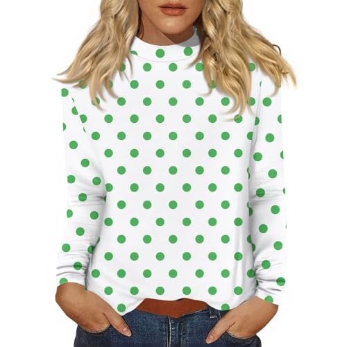 Image of AFANYUH Polka Dot Mock Neck Long Sleeve Top Women Casual Lightweight Pullover Soft Knit Fluorescent Green S