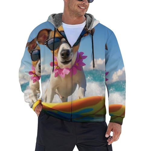 Sweat à capuche zippé en polaire pour homme veste chaude à motif chien surfeur avec poches