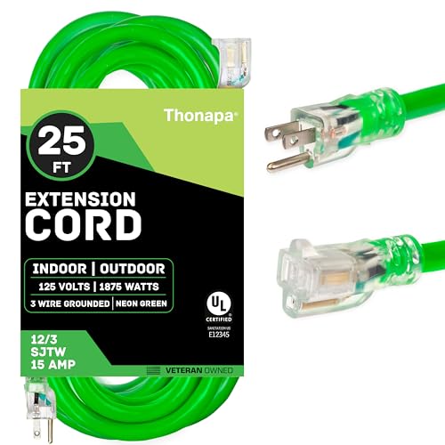 25 Foot Outdoor Extension Cord - 12/3 Heavy Duty Neon Green Extension Cable with 3 Prong Grounded Plug for Safety - Great for Garden and Major Appliances