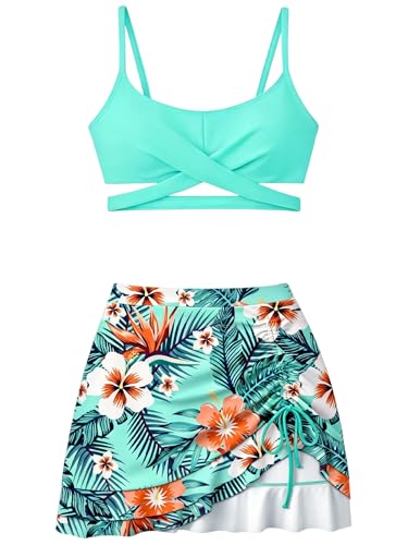 Girls Swimsuit with Ruffled Skirt Bikini Set Mint Green Floral 15-16Y