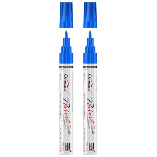 Overseas Oil-Based Fine Tip Paint Marker Pen - 2 Pack Blue 0.9Mm Fine Nib Permanent Markers, Quick Dry, Waterproof, Fade Resistant Paint Pens For Metal, Wood, Rock, Plastic, Ceramics, Rubber, Glass