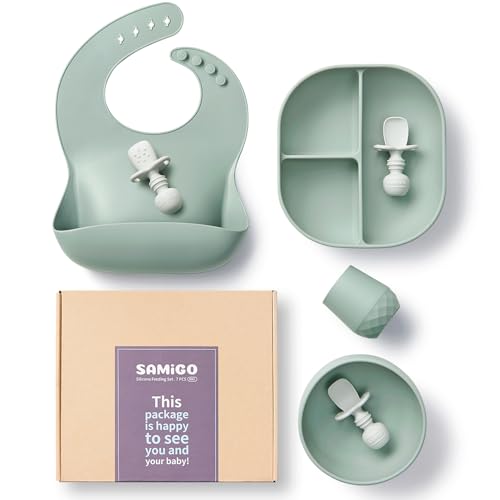 Image of SAMiGO Silicone Baby Feeding Set, Baby Led Weaning Supplies, Suction Bowl Plate Bib Cup Self Feeding Spoons, Solid Food Eating Essentials, First Stage Utensils, 6+ Months
