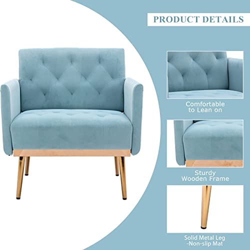 Kivenjaja Velvet Accent Chair, Modern Comfy Tufted Upholstered Armchair For Living Room & Bedroom, Reading Arm Chair Single Sofa With Rose Gold Metal Legs, Blue #TOP4