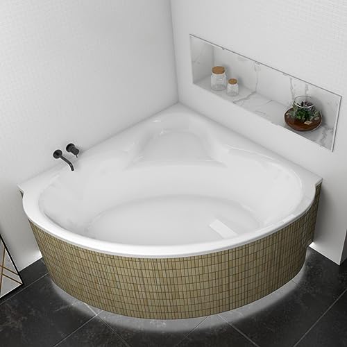 ECOLAM® Badewanne Eckwanne Acrylwanne symmetrisch BALA 130 x 130 cm | Inklusive Styroporverkleidung für LED Beleuchtung befliesbar Ablaufgarnitur Alcaplast Ab- und Überlauf Füße Silikon | Komplett-Set