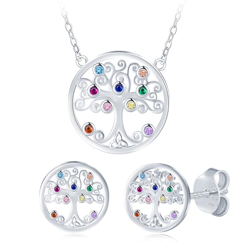 Collier et boucles d'oreilles argent 925 pour femme avec motif arbre et zircon cubique