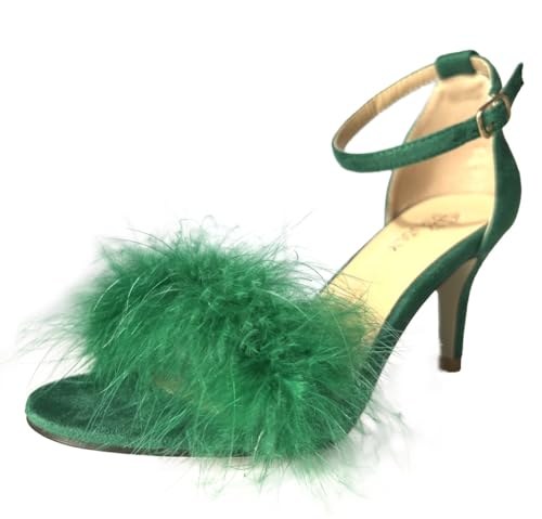 MMJULY Women's Open Toe Ankle Strap Fluffy Feather Stiletto