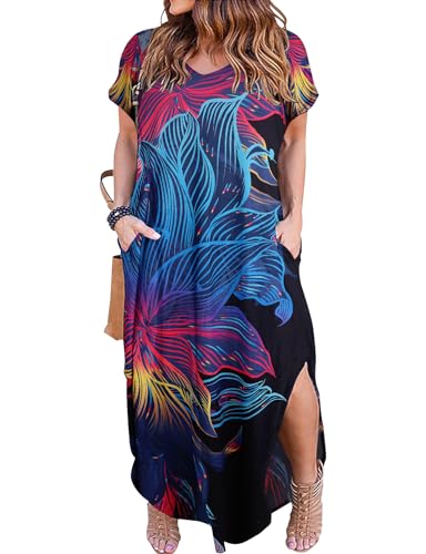Image of Kancystore Women's Plus Size Dresses Summer Casual Loose Pocket Short Sleeve Slits Long Maxi Dress XL-5X