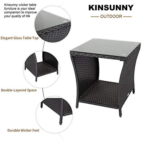 KINTNESS Patio Wicker Side Coffee Table Coffee Bistro Glass Table Outdoor Backyard Lawn Balcony Pool Square Tempered Glass Top Wicker Rattan End Table Furniture with Storage