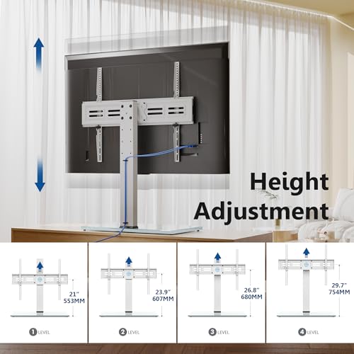 Image of FITUEYES Universal TV Stand with Swivel Mount for 50-85 inch Flat Screens - Height Adjustable Tempered Glass Base Holds up to 110 lbs, White