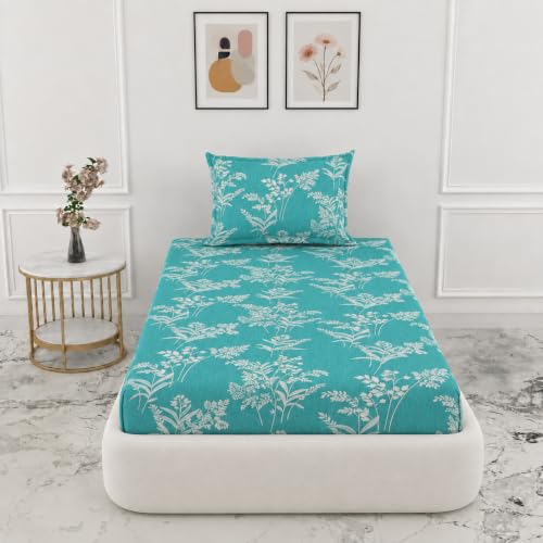 Image of VOMZER Premium 320 TC Fitted Bed Sheet with Full Elastic - Deep Pocket Design - Wrinkle Resistant Fitted Bedsheet 36x72 Single Aqua Lily