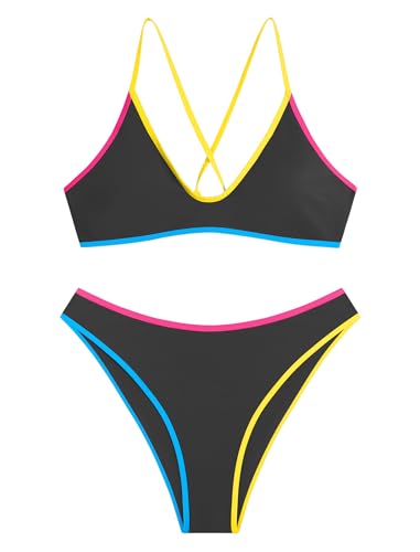 Image of ZAFUL Women's Tie Back Padded High Cut Bralette Bikini Set Two Piece Swimsuit