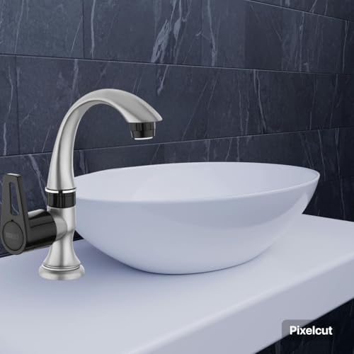 Image of MONIT Swan Neck Basin Tap - Metallic Grey & Black Dual Tone, Modern Single Handle Pillar Cock for Wash Basin - Includes Teflon Tape