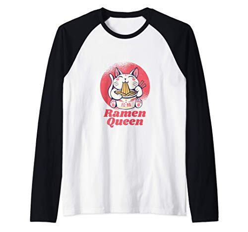 Kawaii Anime Ramen Queen Neko Cat comiendo fideos Camiseta Manga Raglan