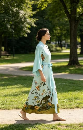 Image of Women's Classic 100% Silk Kimono Robe, Bathrobe-Printed Pattern