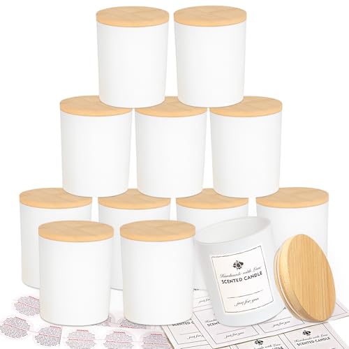Image of CONNOO 10oz White Christmas Candle Jars for Candle Making with Airtight Bamboo Lid, Beautiful Sticky Warning Labels for Candle Making, Empty Containers, Dishwasher Safe, 10 Oz, 12