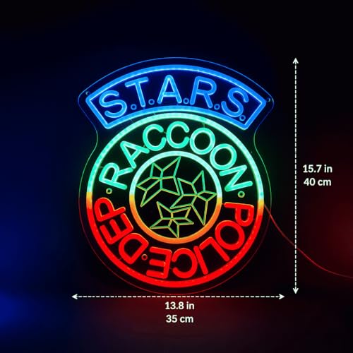 Image of S.T.A.R.S. Raccoon Police LED Neon Sign 38x32cm | Tactical Team Style Wall Decor, USB Powered, Game Room Aesthetic Light, Custom Acrylic Night Light
