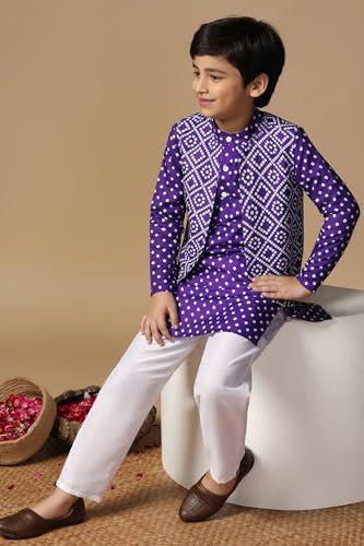 Image of Fashion Dream Boy's Cotton Blend Printed Kurta Pyjama And Jacket Set|Kurta And Payjama Set
