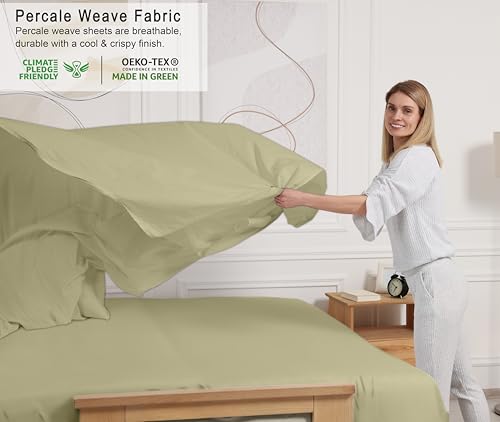 RUVANTI 100% Cotton California King Sheet Sets, 4 Pieces, Soft & Breathable Percale Weave Bedding, Deep Pocket 14", Hotel Standard, Crisp Cool Feel & Durable, Perfect Dyed Sheets, Sage Green